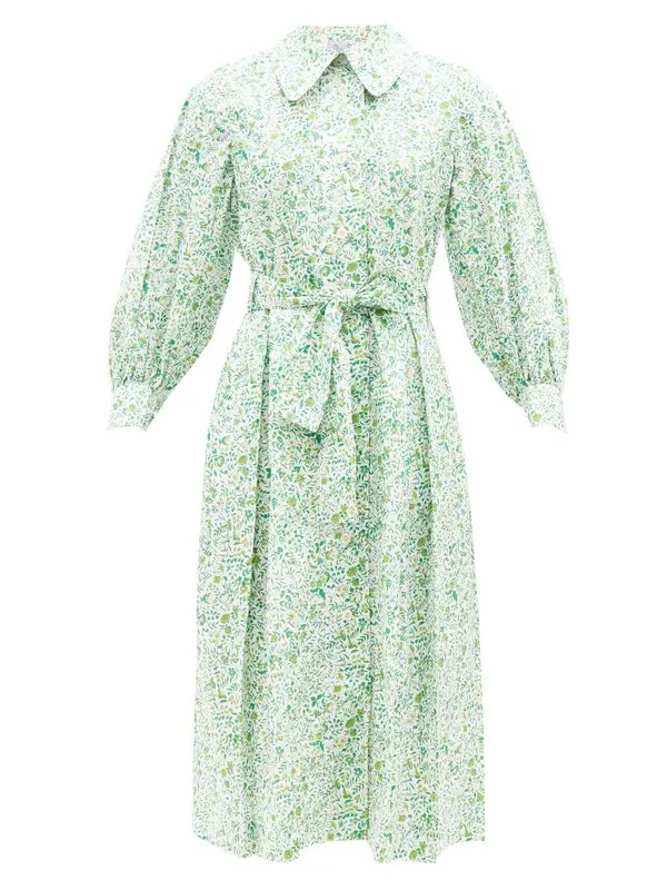 Like New, Thierry Colson Yvonne Green Floral Tie-Waist Midi Dress, Size Small